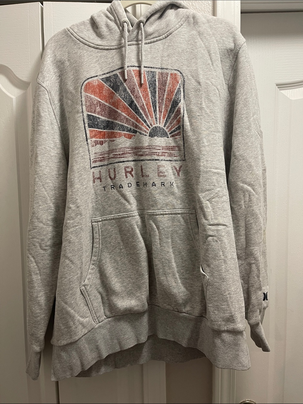 Hurley Light Gray Hoodie with Red and Navy Sunrise Graphic